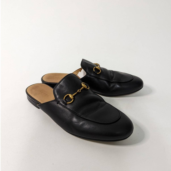Gucci Princetown Horsebit Black Leather Round Toe Slip On Mules Loafers Size 39